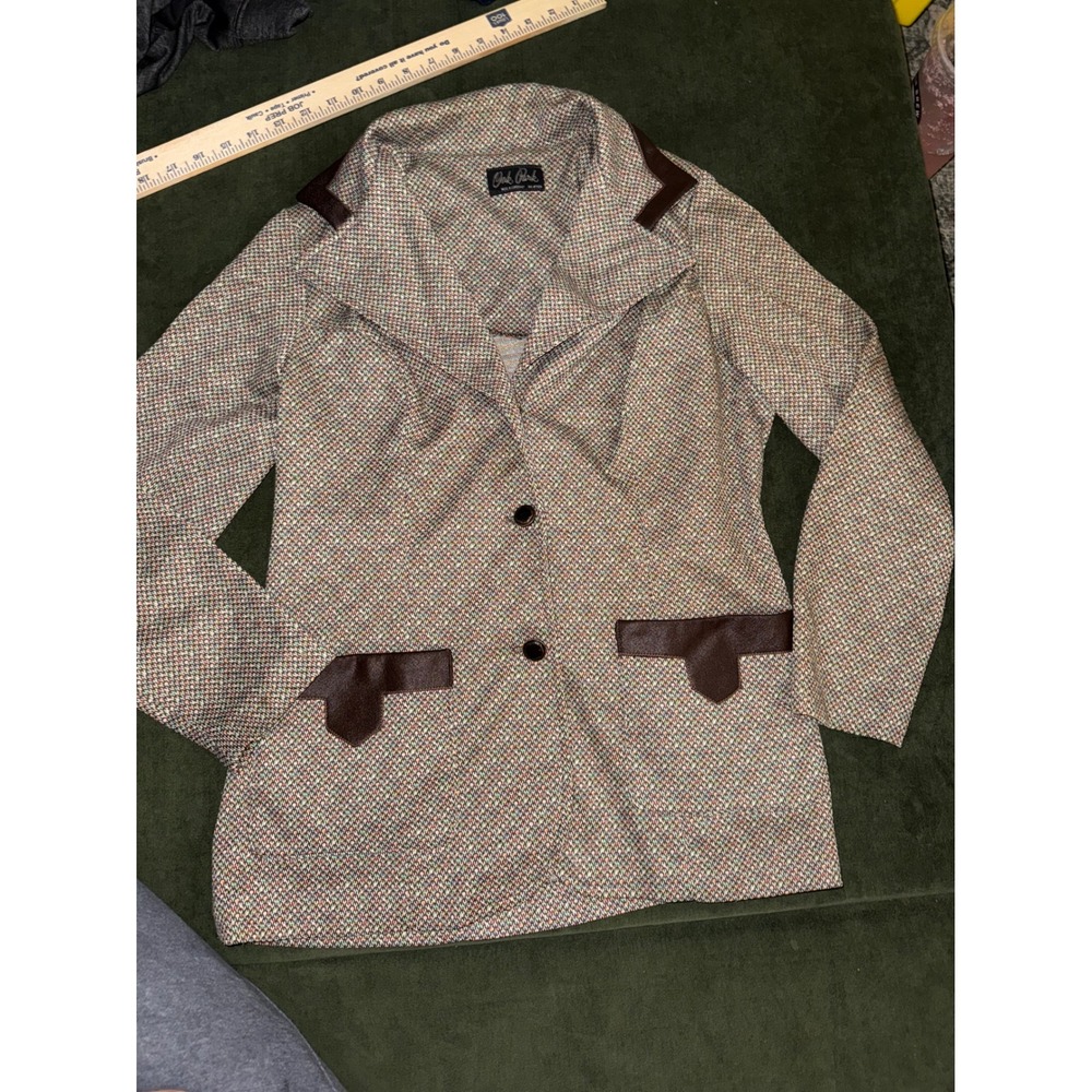 Oak Park Tweed Blazer Women's Brown Multi Color Leather Trim Pockets‎